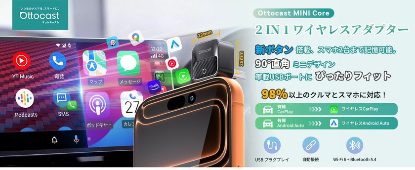 さらに小型化！挿すだけでCarPlay・Android Autoをワイヤレス化する「OTTCAST Mini Core」登場｜新商品発売特典、40％オフで今すぐゲット！