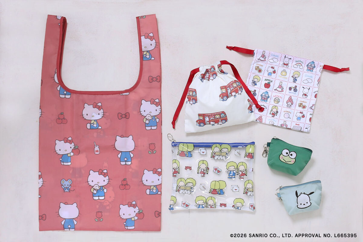 サンリオキャラクターズがカラフルな巾着やポーチに！　ベーシックで持ち歩きやすいデザイン　雑貨店・ブルーブルーエで3/1～取り扱い開始