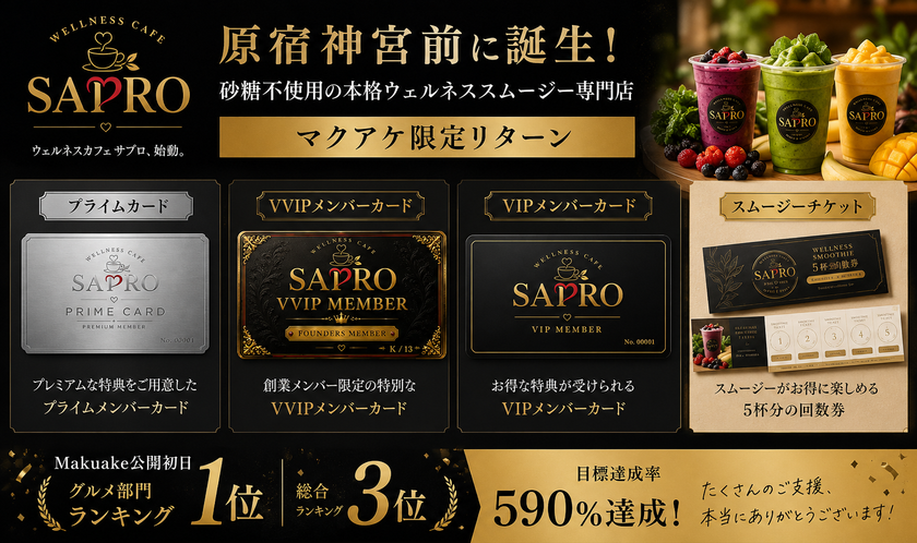 原宿・神宮前に砂糖不使用のウェルネススムージー専門店「WELLNESS CAFE SAPRO」が8月1日プレオープン　Makuake公開初日で総合3位・グルメカテゴリー1位を獲得