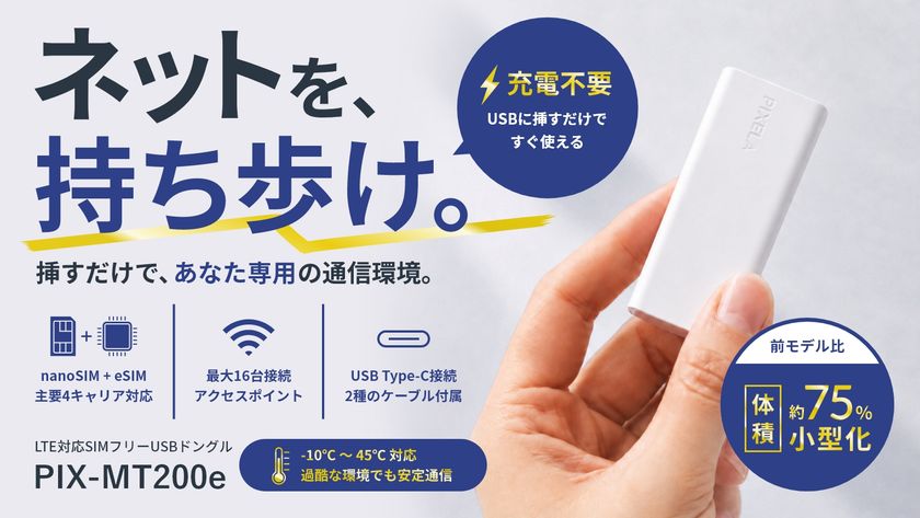 eSIM×物理SIM、しかも驚くほど小さい前モデル比約75％と小型化した次世代LTEドングル「PIX-MT200e」Makuakeにて先行販売開始