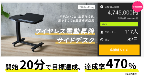 公開20分で目標達成！コンセント位置に縛られないワイヤレス電動昇降サイドデスク『Side-Pro』先行発売中！