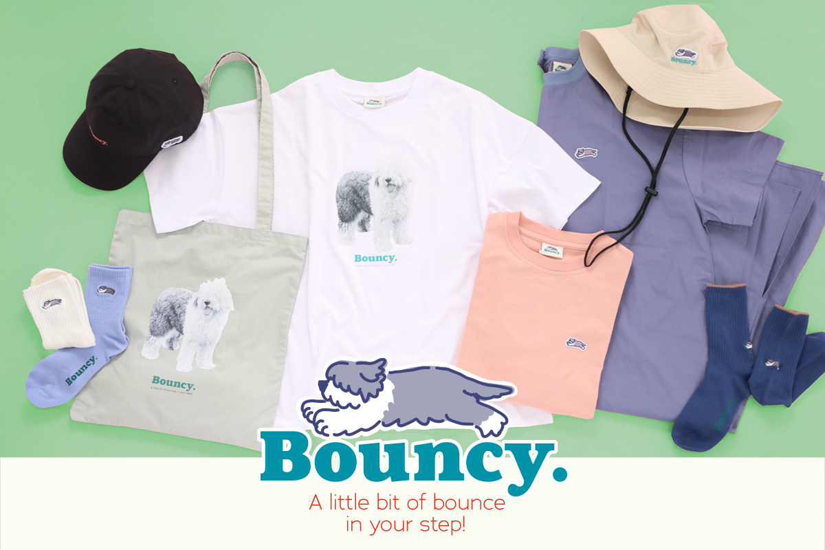 ふわふわモコモコした犬をアイコンにしたオリジナルグッズ「Bouncy.（バウンシー．）」のTシャツやソックスなどを雑貨店ブルーブルーエより4月2日（火）発売！