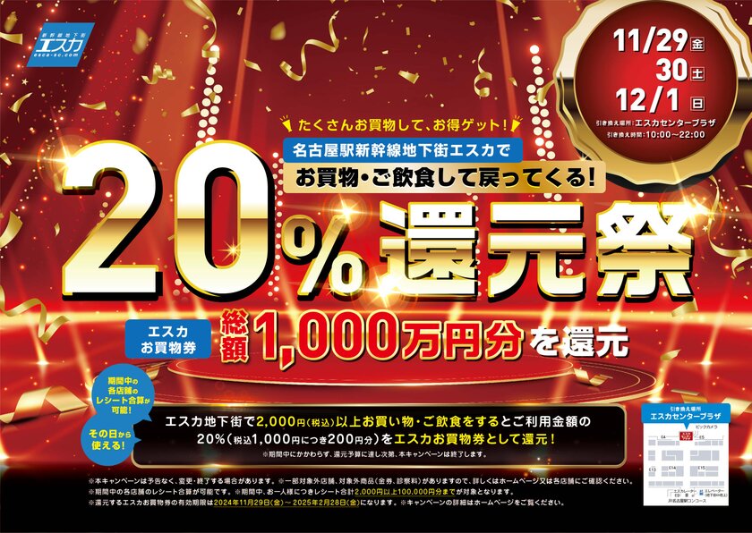 総額1,000万円を還元！買えば買うほどお得な3日間　11/29～12/1開催、名古屋駅地下街エスカ「20％還元祭」